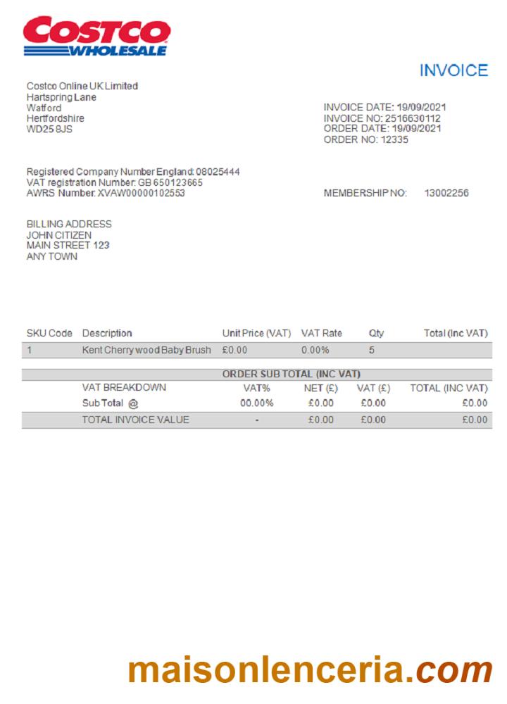 USA Costco faktura Word i PDF szablon